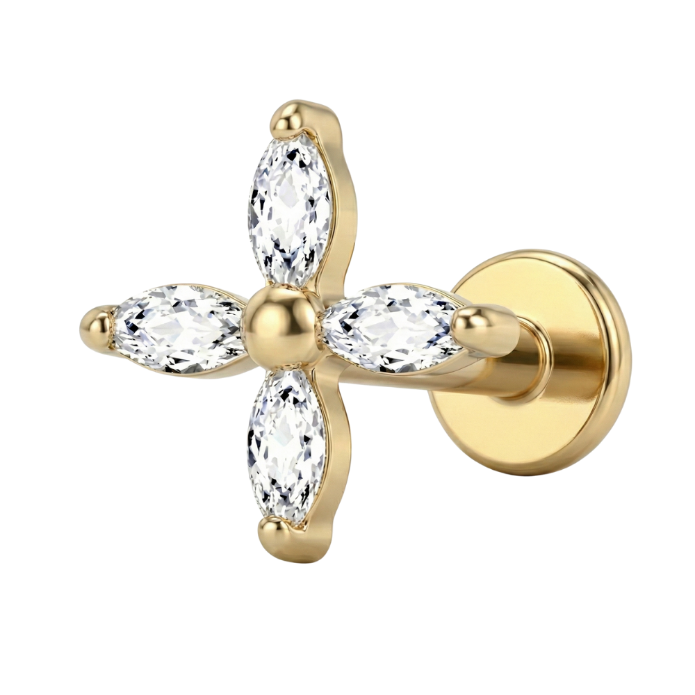 Tytanowy Labret Ozdobny - Kwiat Z Listkami Cyrkonii