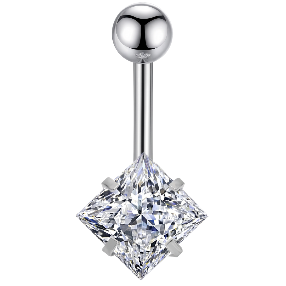 Stalowy Kolczyk Do Pępka - Prostokątna Cyrkonia