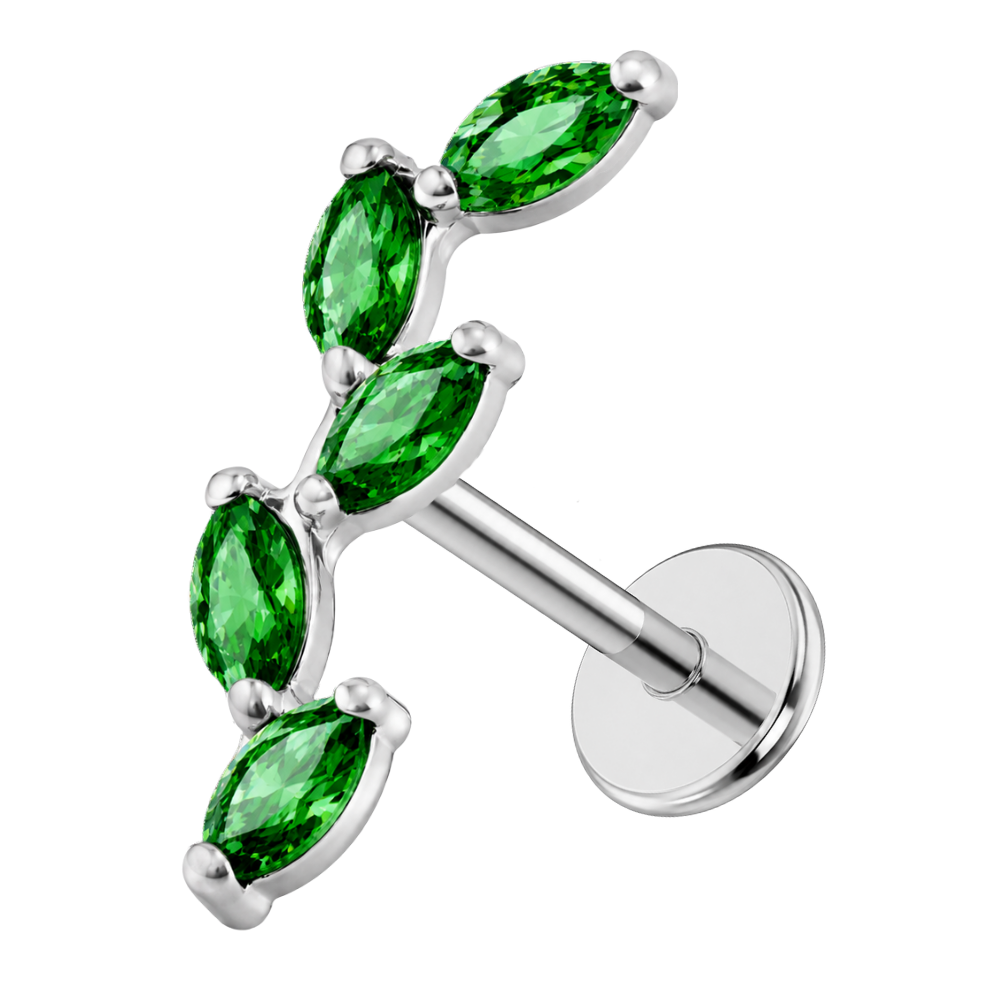 Tytanowy Labret Ozdobny Listki Cyrkonii Zielony