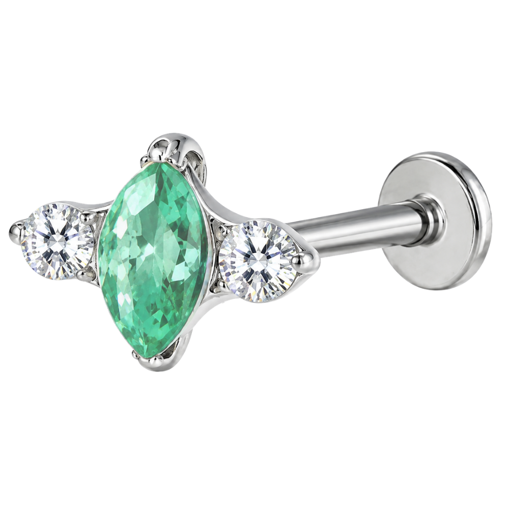 Tytanowy Labret Ozdobny Opal i Dwie Cyrkonie Srebrny Zielony