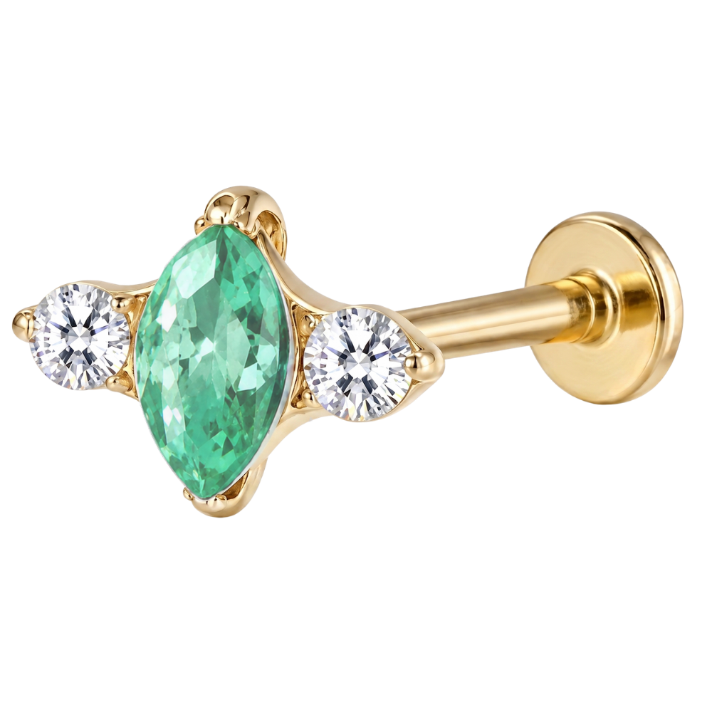 Tytanowy Labret Ozdobny Opal i Dwie Cyrkonie Zloty Zielony